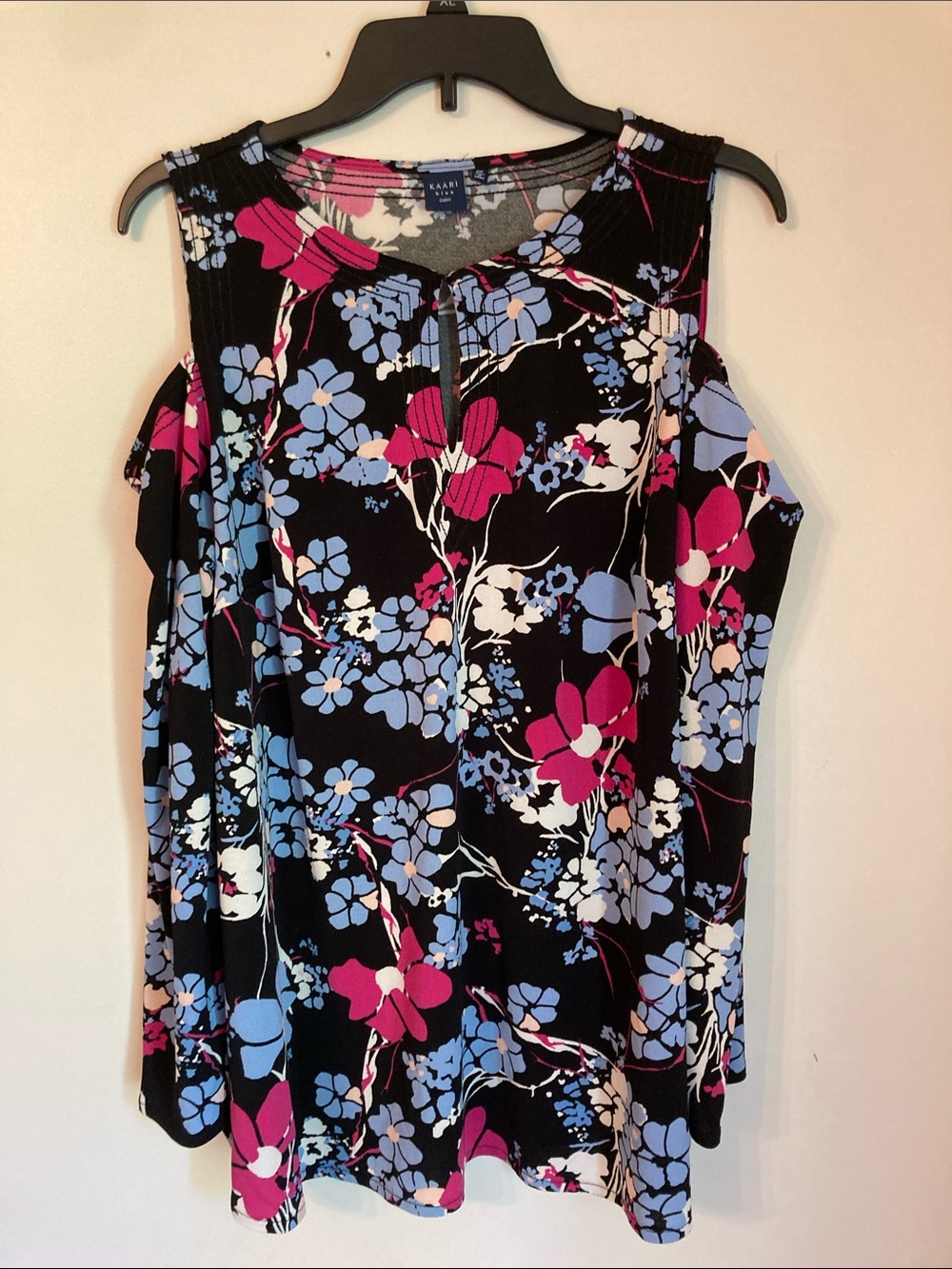 Kaari Blue Black Cold-Shoulder Floral Blouse with Pink & Light Blue Flowers